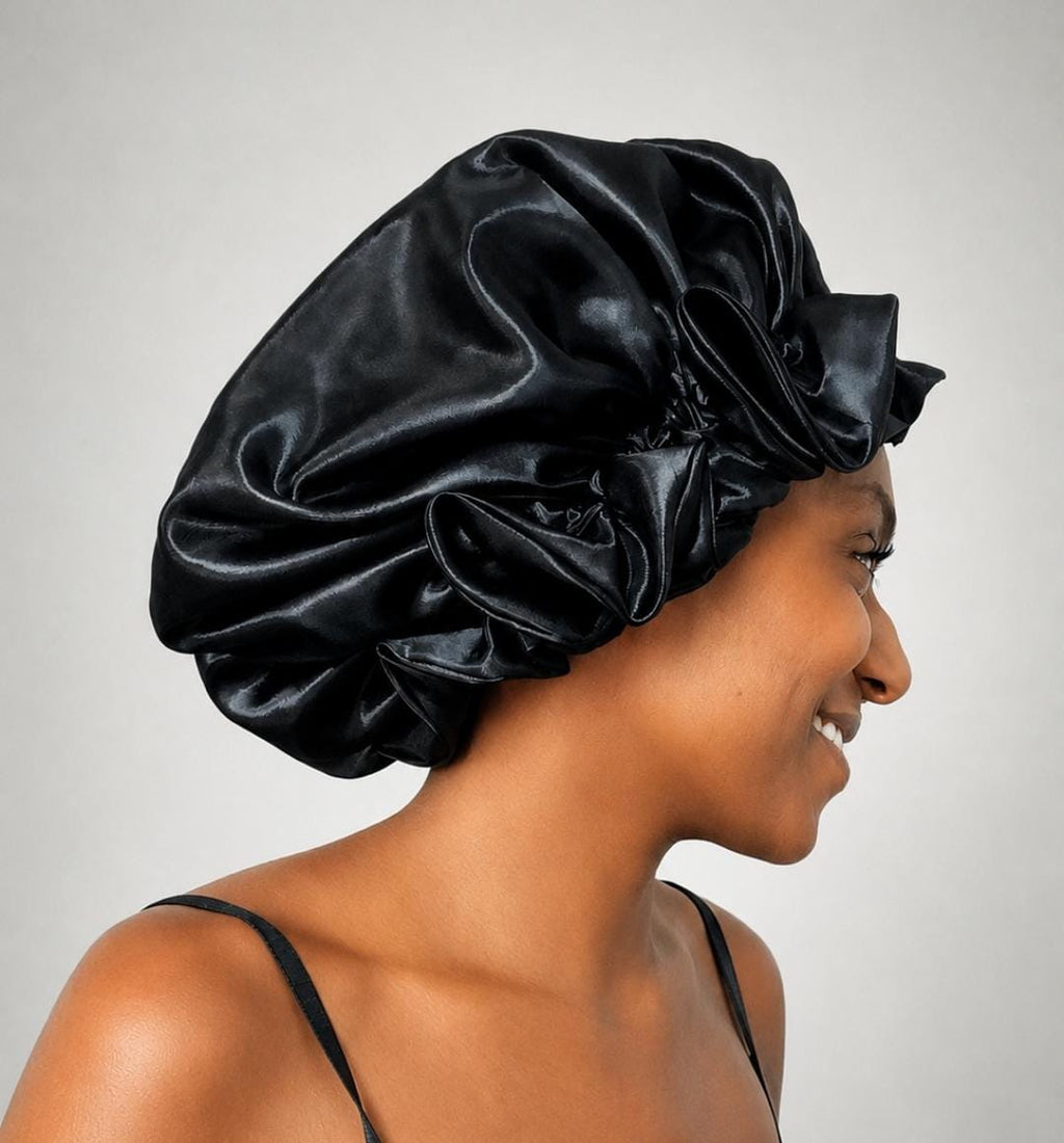 Bonnet de Nuit en Satin Premium à Volants  Noir Intense