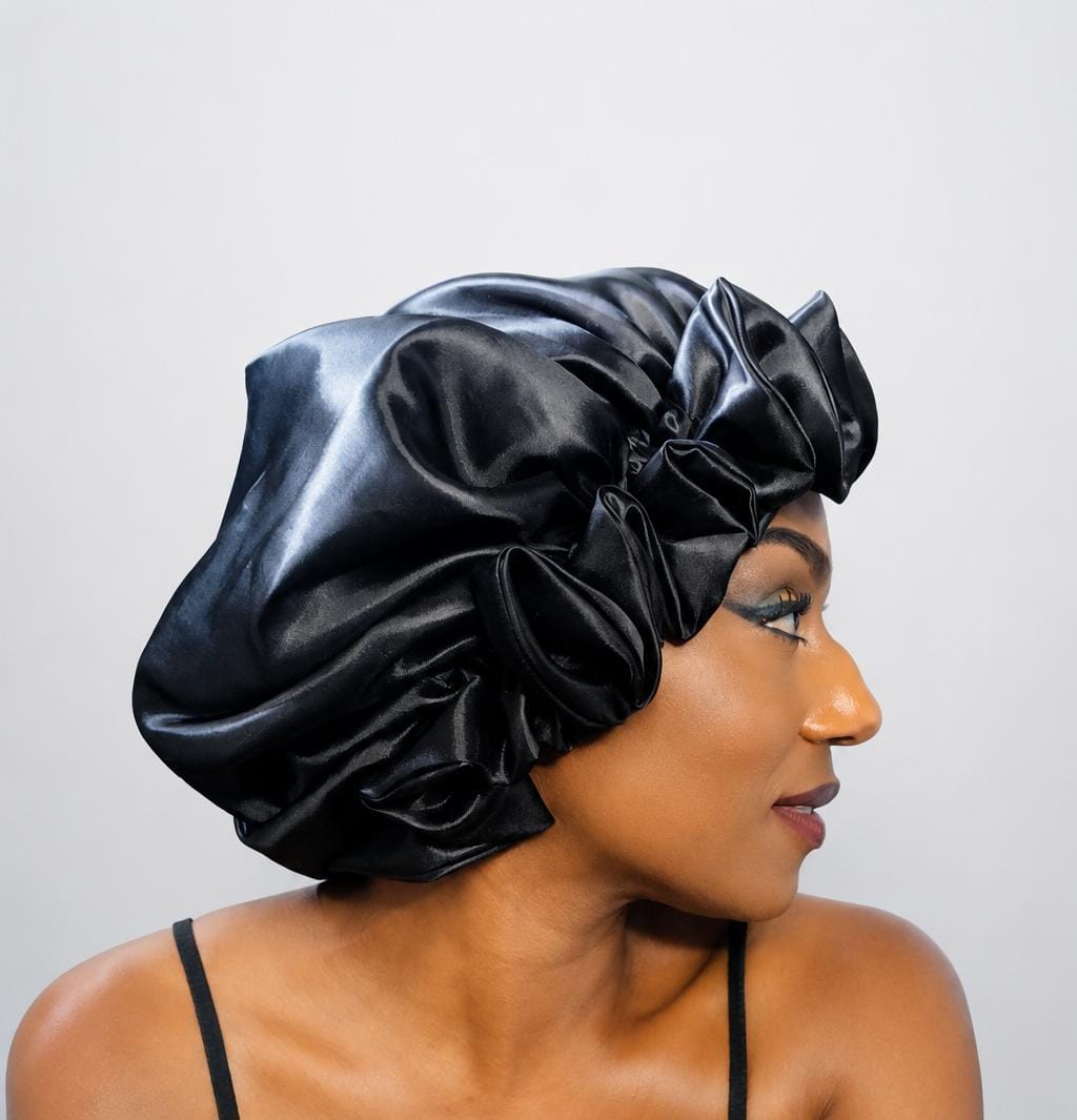 Bonnet de Nuit en Satin Premium à Volants  Noir Intense